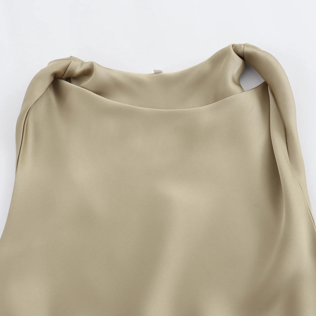 XNWMNZ 2024 Women's Fashion Satin Midi Dress Women High Street O Neck twisted armholes Waist Gathered Fit female Midi Dresses