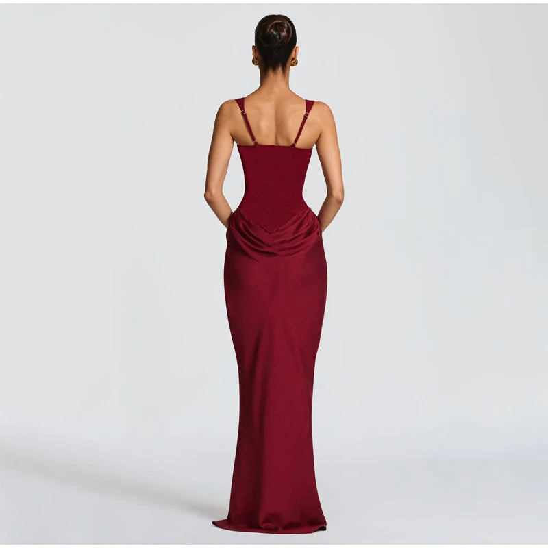 Women's Red Pleated Sling Maxi Dress Square Neck Sleeveless Off-shoulder Waist Cinching Slim Dresses Fashion Evening Party Gowns
