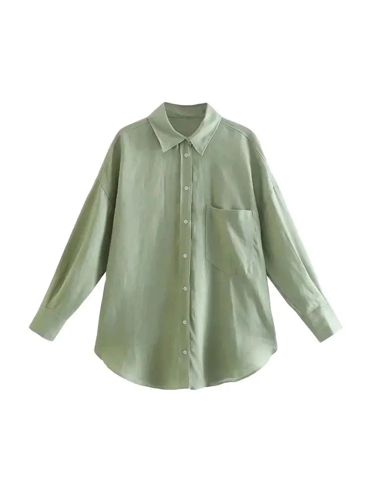 Women Fashion With Pocket Oversized Shirts Vintage Long Sleeve Button-up Female Blouses Blusas Chic Tops