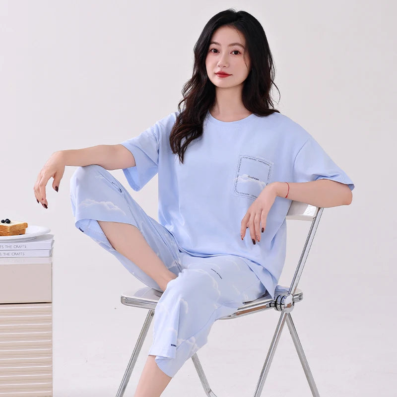 Newest Summer Casual Pajamas Set Women 100% Cotton Sleepwear Female Short Top+Calf-Length Pant Pyjamas