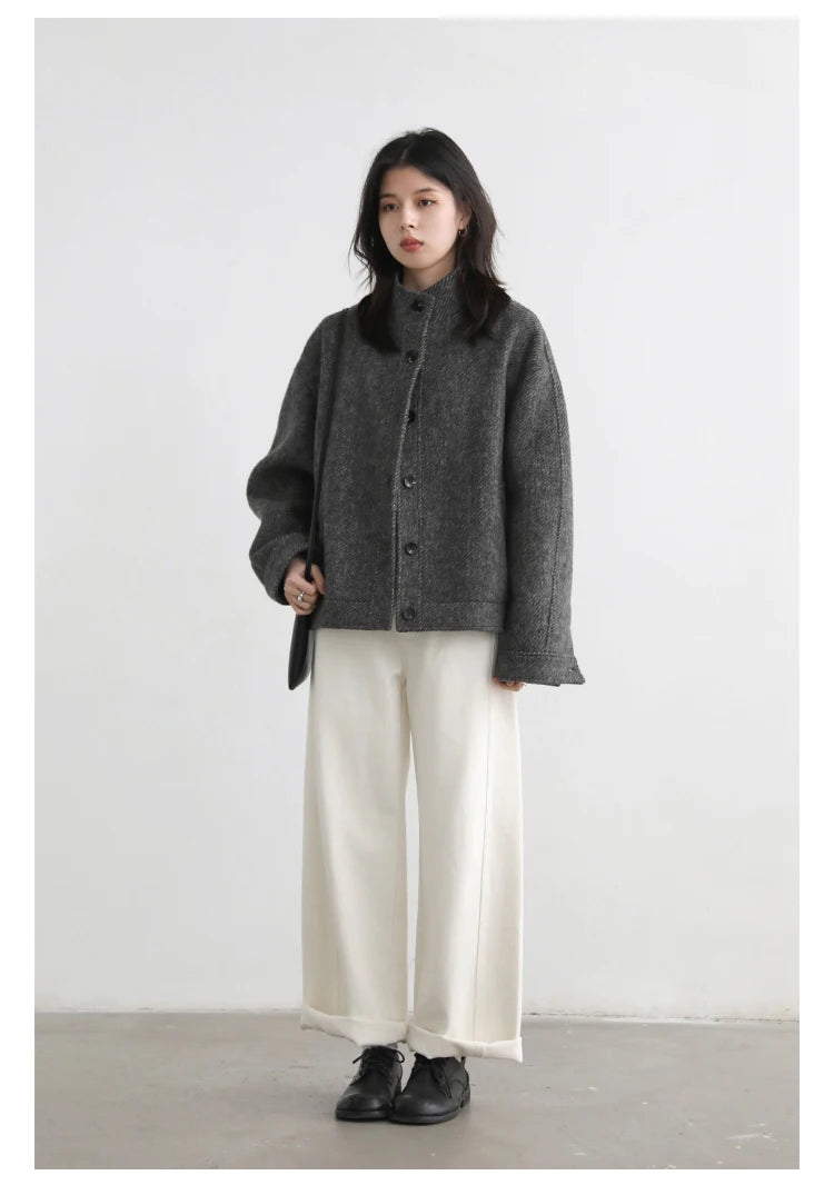 CHIC VEN Women Short Woolen Coat New Stand Up Twill Texture Single Breasted Ladies Jacket Retro Woman Outwear Autumn Winter 2025
