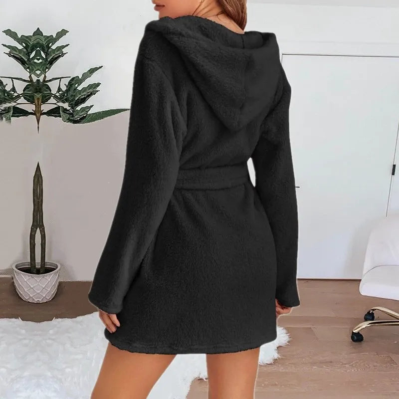 Autumn Winter Women Sexy Bath Robe Fluffy Plush Pyjamas Ladies Hooded Dressing Solid Color Gown Warm Bathrobe Female loungewear