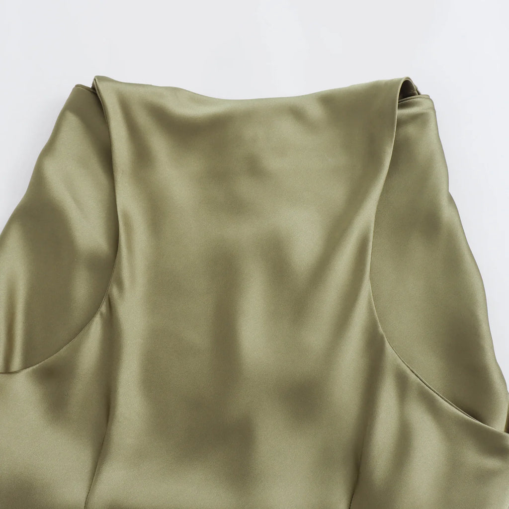 XNWMNZ 2024 Women's Fashion Satin Midi Dress Women High Street O Neck twisted armholes Waist Gathered Fit female Midi Dresses