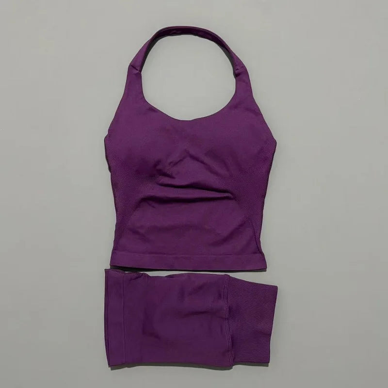 2 Peice Histello Sports Set Women Seamless Halter Top Longline Strappy Padded Scrunch Shorts Set Yoga Suit Gym Workout Sets