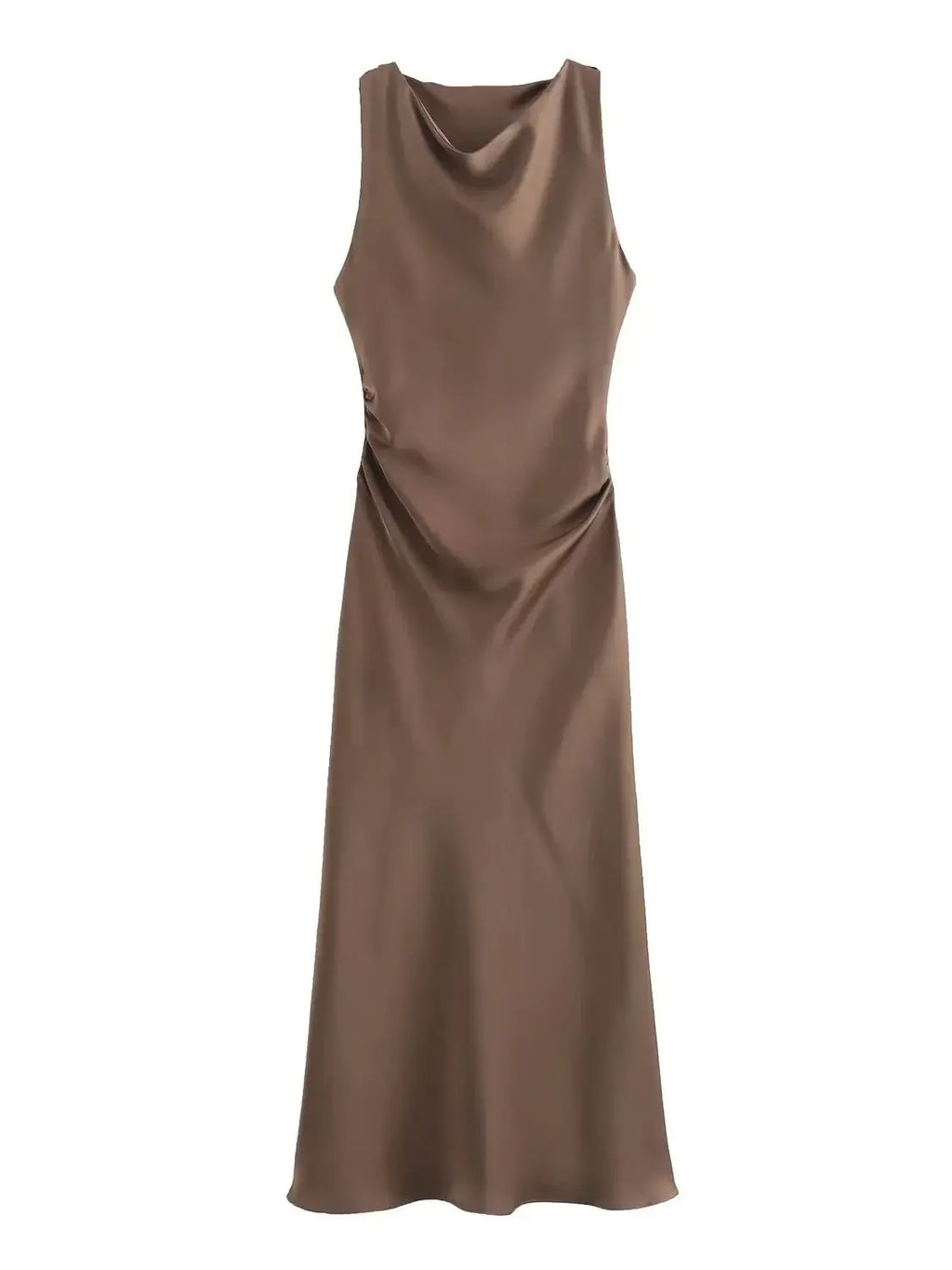 XNWMNZ 2024 Women's Fashion Satin Midi Dress Women High Street O Neck twisted armholes Waist Gathered Fit female Midi Dresses