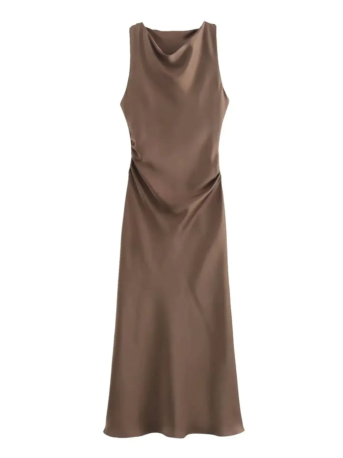 XNWMNZ 2024 Women's Fashion Satin Midi Dress Women High Street O Neck twisted armholes Waist Gathered Fit female Midi Dresses