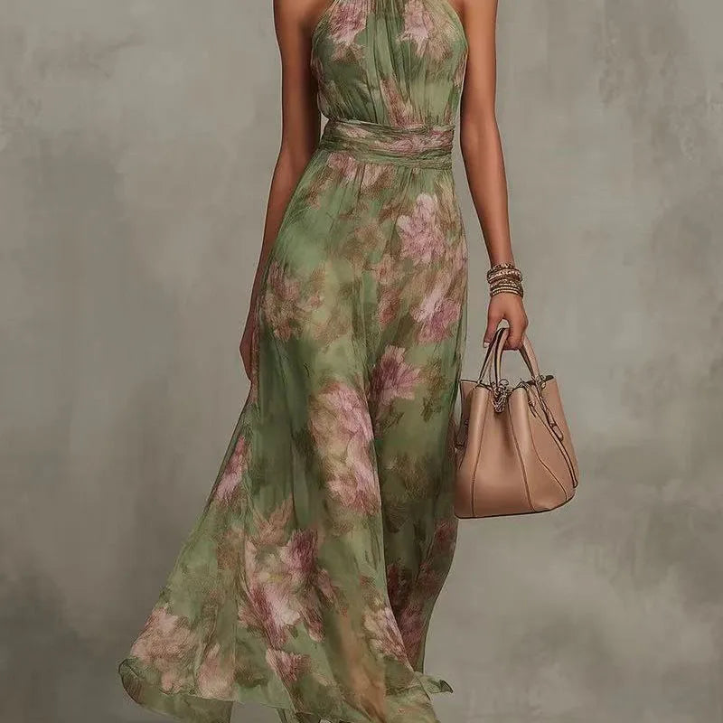 Elegant Halter Off Shoulder Hollow Party Dresses Woman Spring Floral Print Chiffon Long Dress Boho Sleeveless Summer Beach Dress