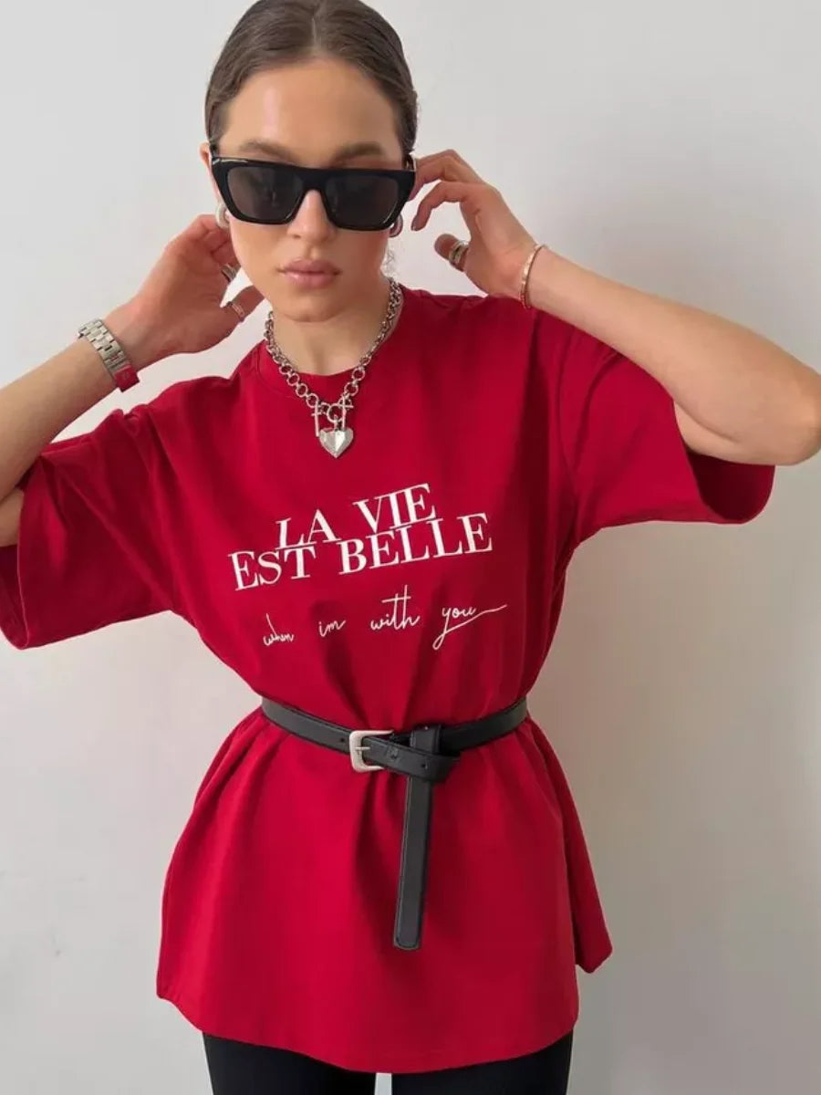 Summer American Ins Mid-length Temperament Printed T-shirt Street Personality Women's Letters Versatile Cotton Short-sleeved Top