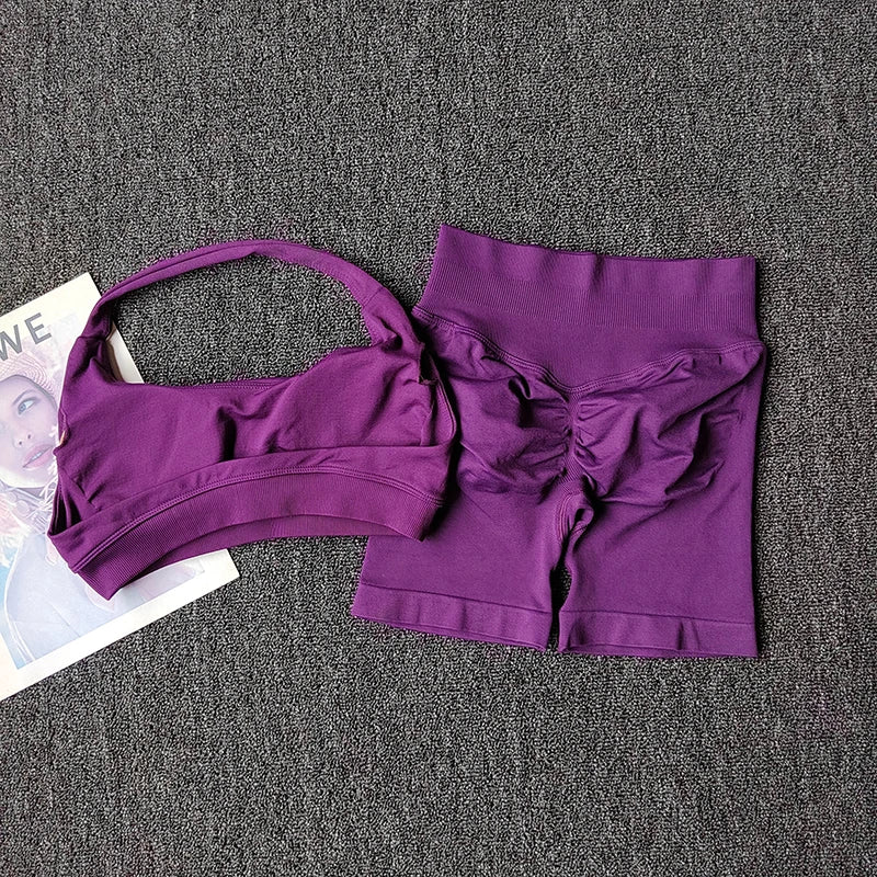 2PCs Peach High Waist Belly Hip Lifting Sports Bras Shorts Suit Gathering Shock-proof Neck Halter Yoga Suit Running Fitness Set