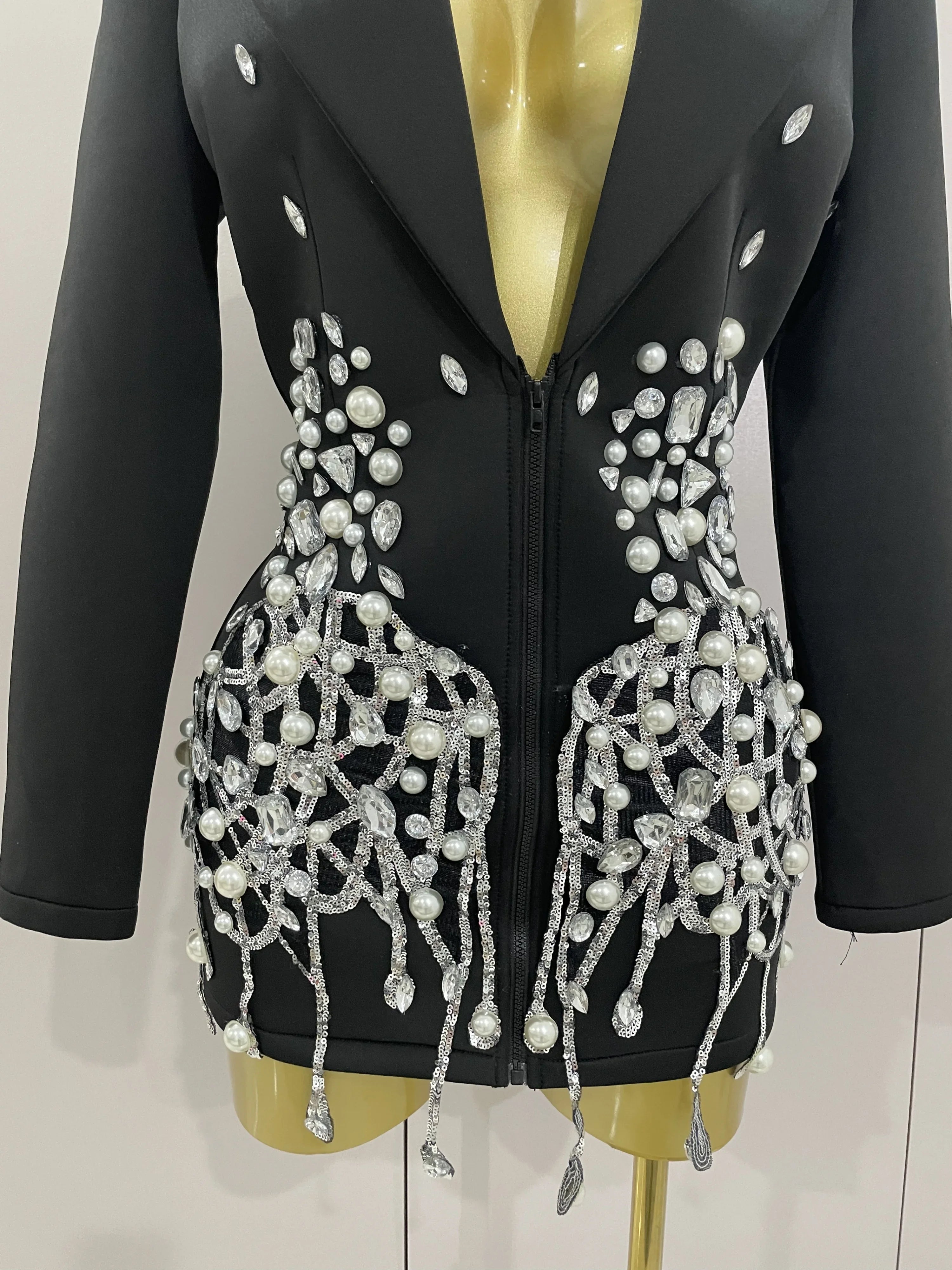 Sparkly Crystal Chains Pearls Long Sleeve Mini Dress 2025 Women Birthday Evening Party Nightclub Outfit Singer Wedding Costume