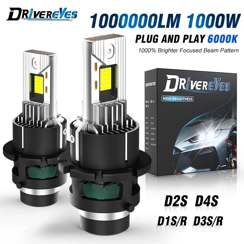 2PCS D2S D4S D2R LED Headlight HID D1S D3S D8S LED Headlamp Bulbs 1000000LM Xenon Car Lights Turbo Lamps Canbus 6000K Plug&Play