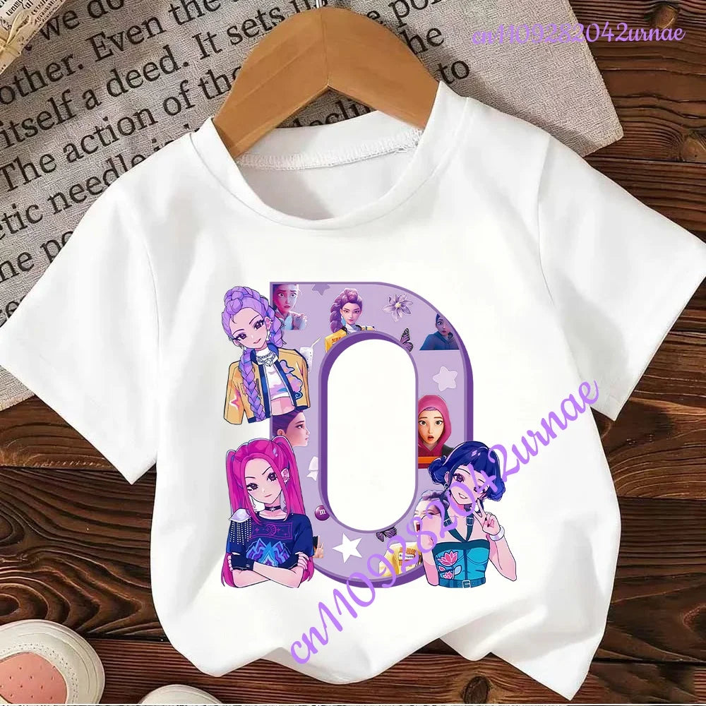 Kpop Demon Hunters Letter A-Z T-shirt Kawaii Rumy Birthday Tops Party Wear Girls Tee Summer Short Sleeve Cotton Kid Clothes