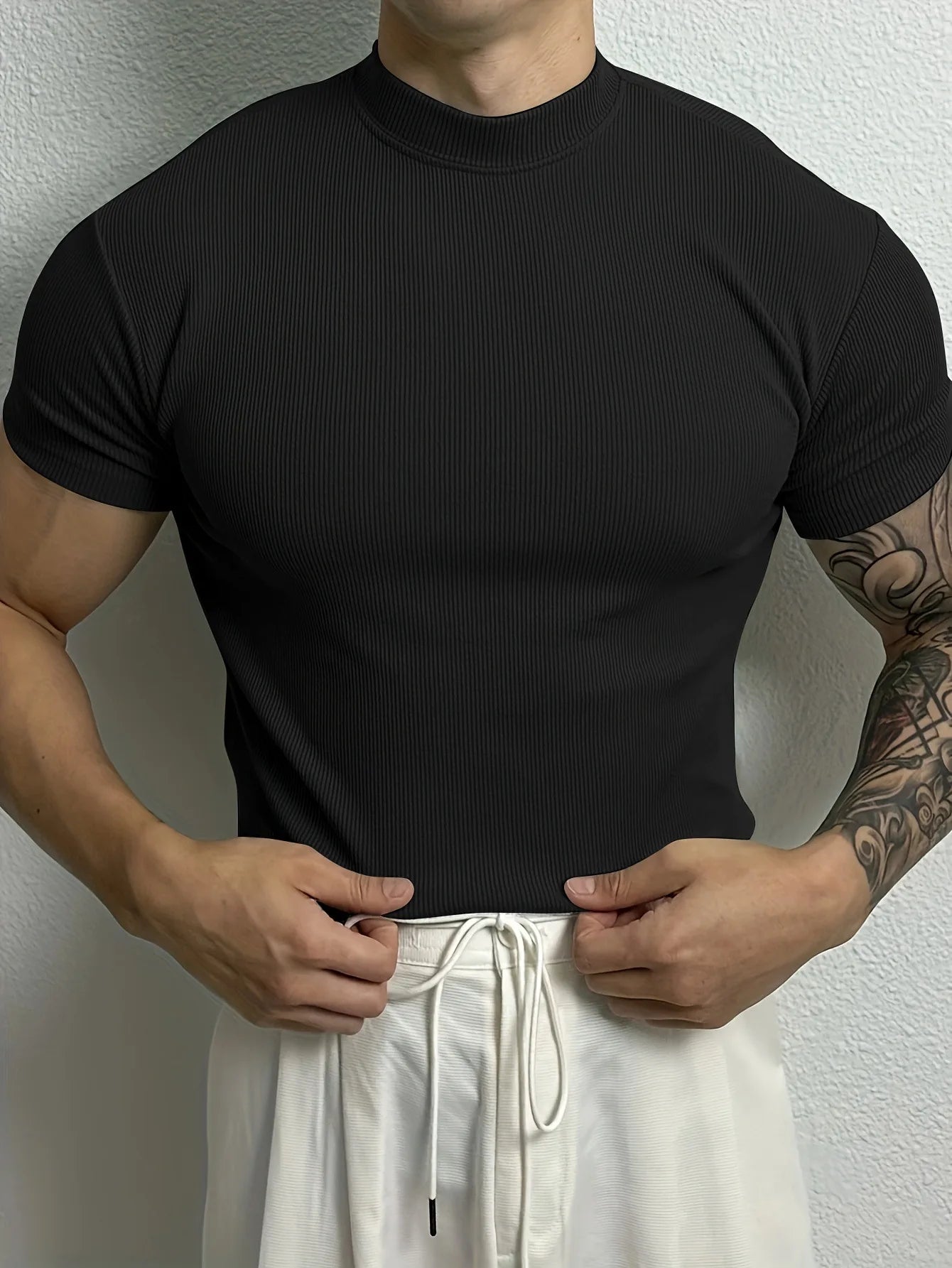 2026 New fashion Men's T-shirt Small high collar stripe shirt short sleeve fitness top leisure sport T-shirt Men sportswear