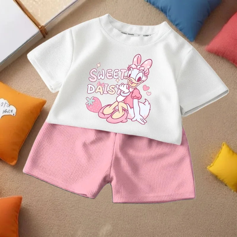 DISNEY Children's Casual T Shirt and Shorts 2pcs Sets Cute Minnie Printed Girls Fashion Outfits Summer Kids Outdoor Shorts Set