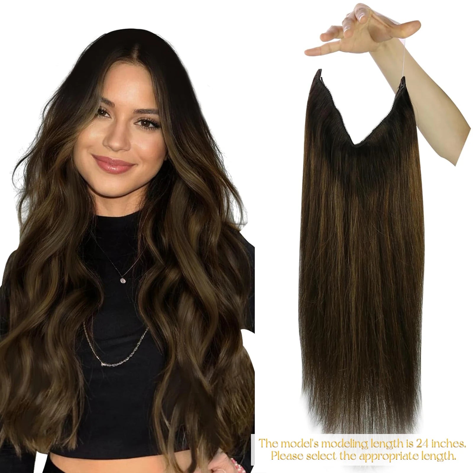 VeSunny Fish Line Human Hair Extension Wire Natural Hair One Piece Invisible Wire Hair Weft with 2 Clips Blonde Soft Remy Hair