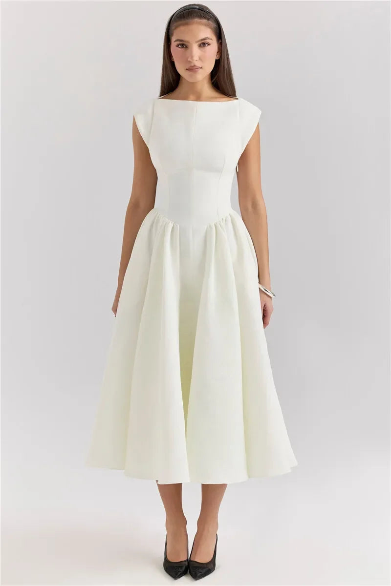 Suninheart Women Circle Cut Out Back Dress Wide Shoulders and Fitted Waist Prom Dress Fluffy Hem Midi Wedding Party Dresses