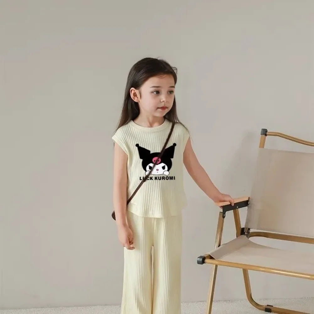2026 Summer Kuromi Anime Kawaii Baby Ice Silk Sleeveless Vest Top Pants Two Sets Cute Cartoon Children Clothes Gifts for Kids