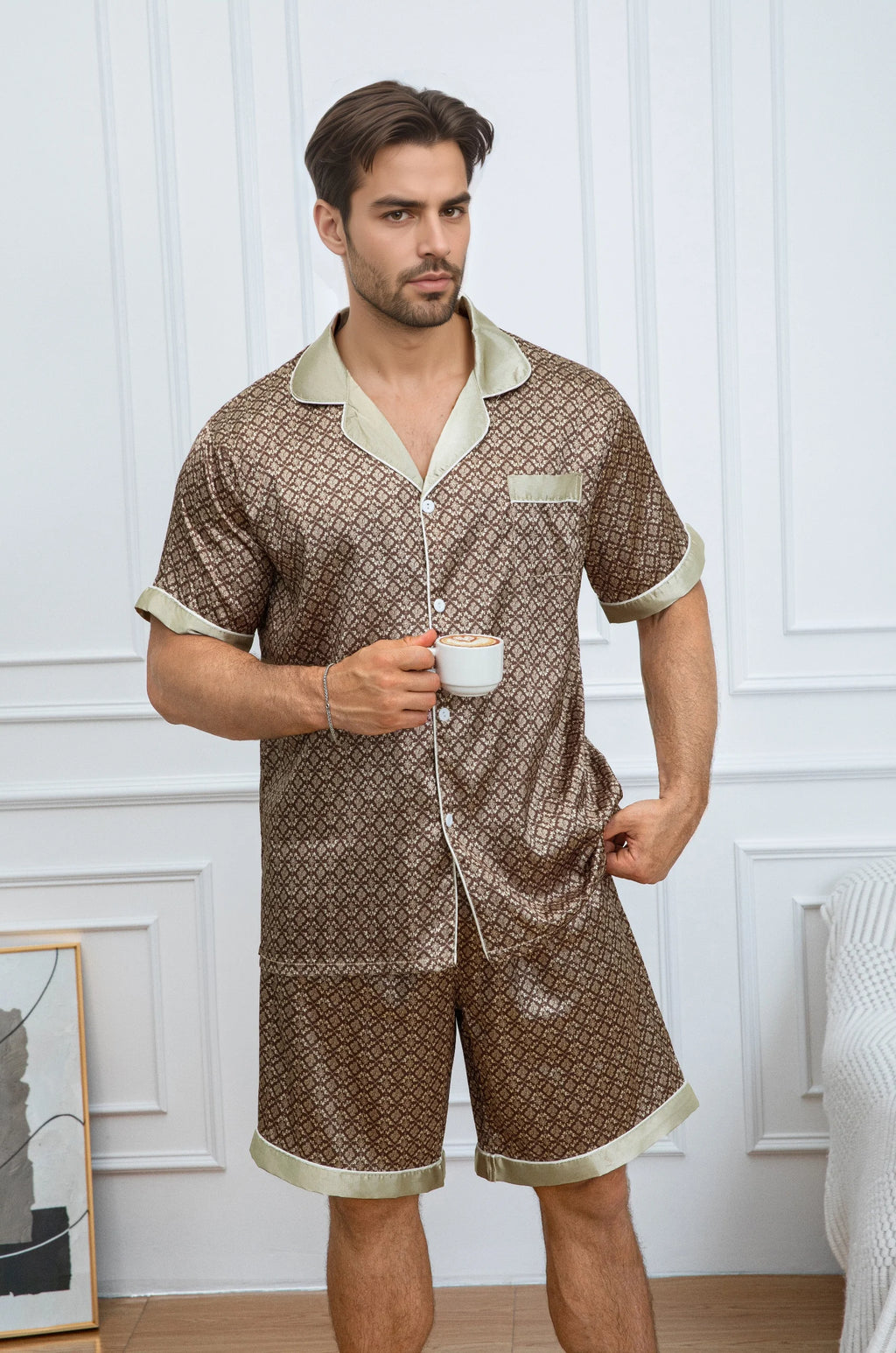 2pcs Men's Geometric Print Pajama Set Stylish Brown Short-Sleeve Shirt with Elastic Waist Shorts Comfortable Polyester Sleepwear