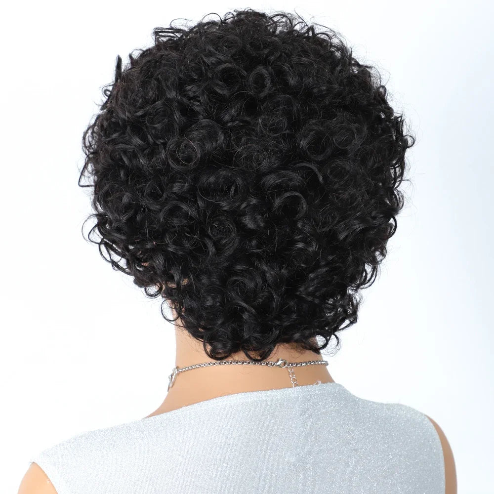 Brazilian Short Bob Pixie Afro Kinky Curly Wigs With Bangs For Black Women Natural Brown 99J Full Machine Made Human Hair Wigs