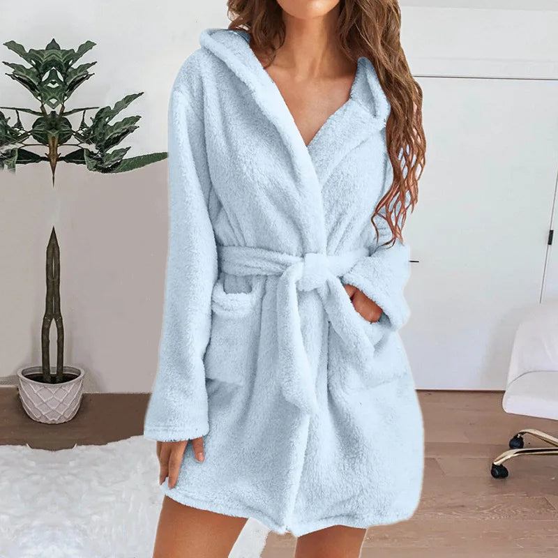 Winter Women Bath Robe Fluffy Plush Pyjamas Ladies Sexy Hooded Dressing Solid Color Gown Warm Bathrobe Female loungewear