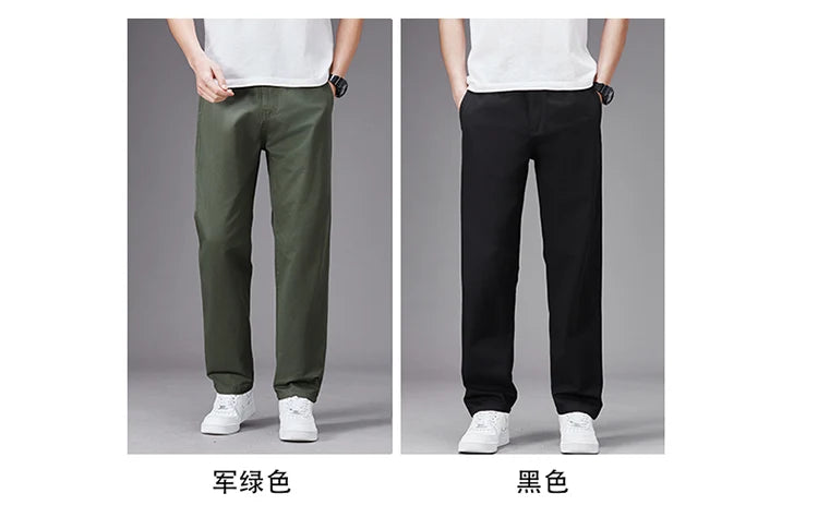 Big Size Casual Pants Men Elastic Waist Straight Leg Fit Summer Trousers Male Loose Cotton Work Wear Plus Large 6XL Khaki Light