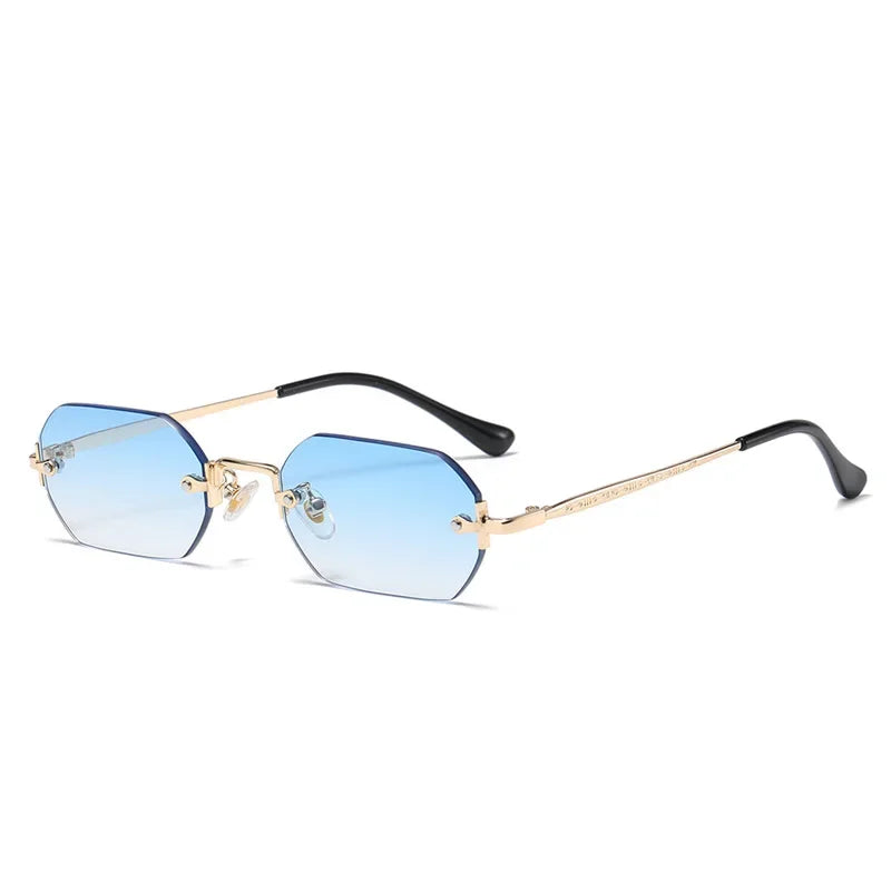 Rimless Rectangle Sunglasses Small Men Glasses Women Metal Gold Polygon Blue Shades 2024 UV400 Frameless