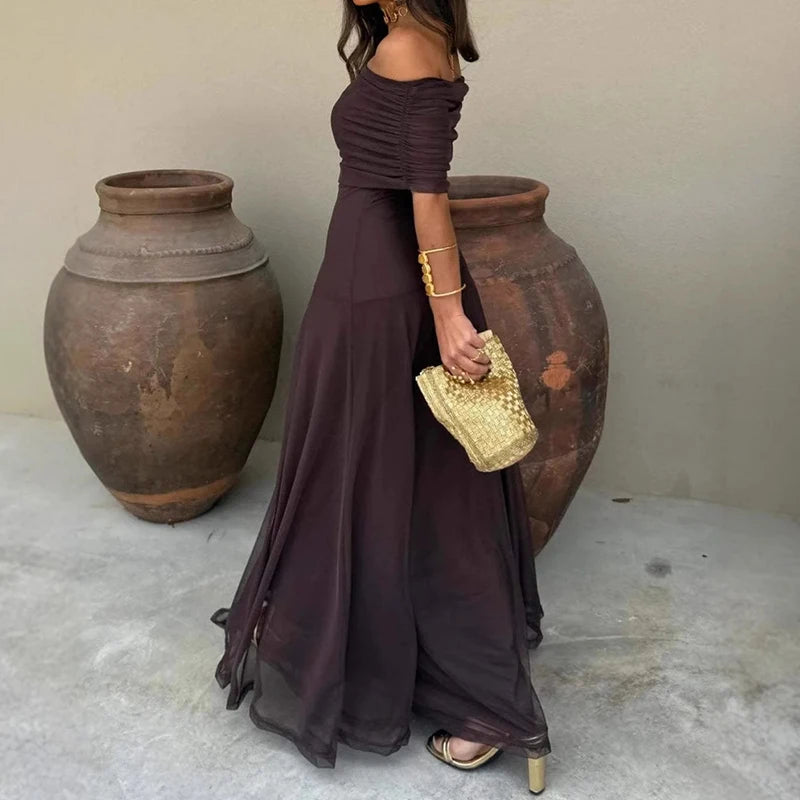 Sexy Sleeveless Commuter Dress Fashion Hight Waist Strapless Slim Long Dress Women Elegant Mesh Splicing Solid Color Party Dress