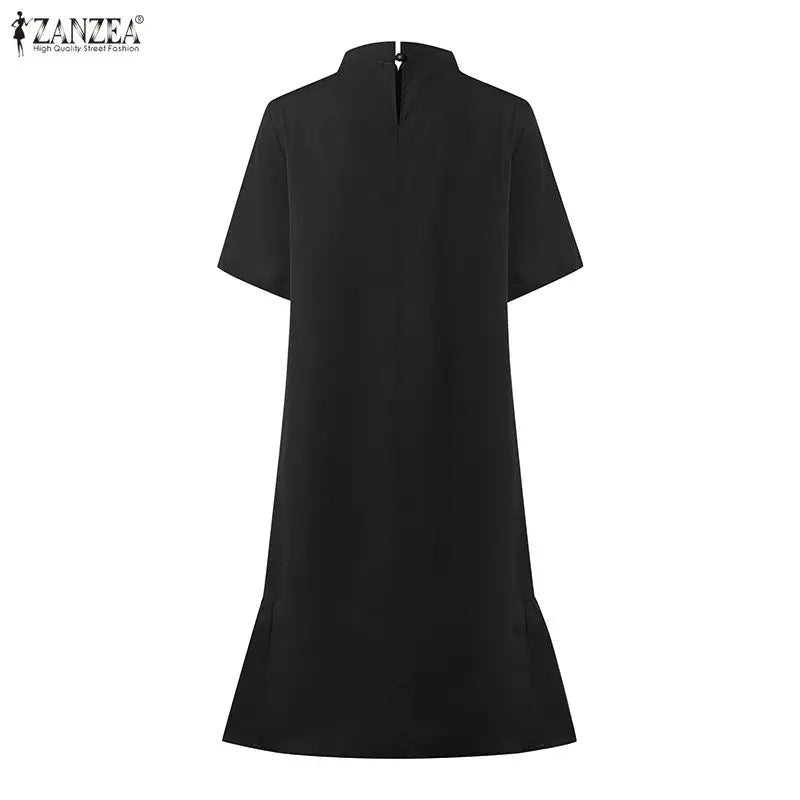 2026 ZANZEA Fashion Women Short Sleeve Shirt Dresses Stand Collar Solid Knee-Length Casual Sundress Summer Office Lady Vestidos