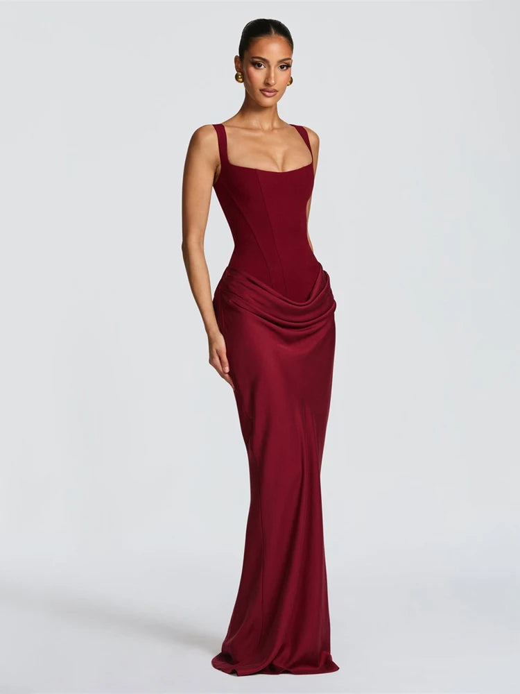 Women's Red Pleated Sling Maxi Dress Square Neck Sleeveless Off-shoulder Waist Cinching Slim Dresses Fashion Evening Party Gowns
