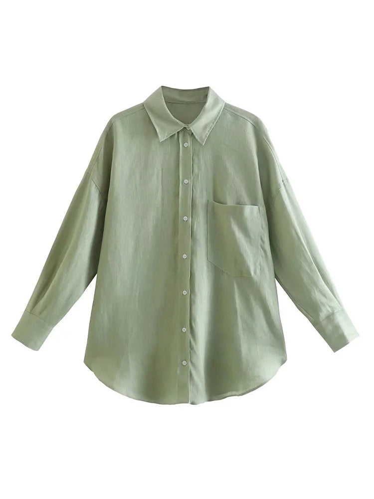 Women Fashion With Pocket Oversized Shirts Vintage Long Sleeve Button-up Female Blouses Blusas Chic Tops