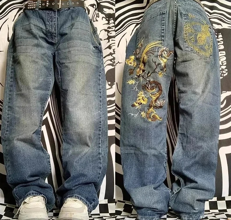 2024 New American Trend Retro Hip-hop Embroidery Pattern Baggy Jeans For Men And Women Y2K Harajuku Gothic Wide Pants Streetwear