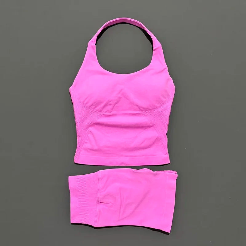 2 Peice Histello Sports Set Women Seamless Halter Top Longline Strappy Padded Scrunch Shorts Set Yoga Suit Gym Workout Sets