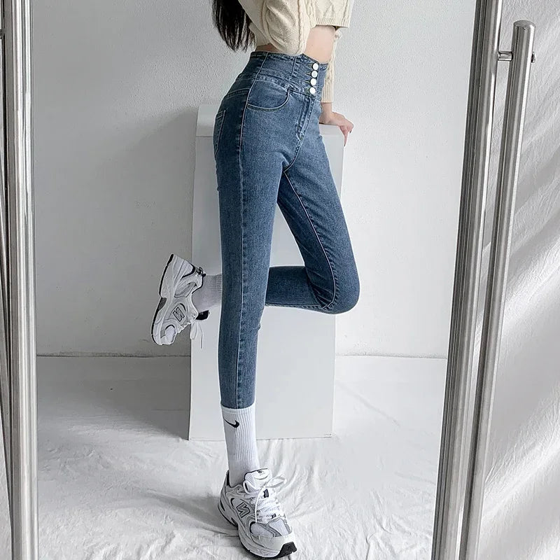 Skinny Pencil Y2K Jeans Four Buttons Vintage High Waist Women Slim Stretch Denim Pants Tight Trousers 2025 Women's Denim Pants