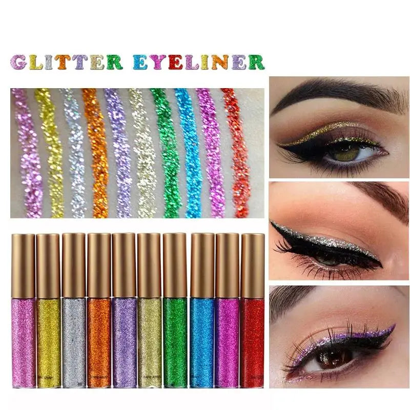 Long Lasting Glitter Eyeliner Kit 10 Vibrant Shades Metallic Sparkle Smudge Proof Easy Apply Eye Liner Makeup Set