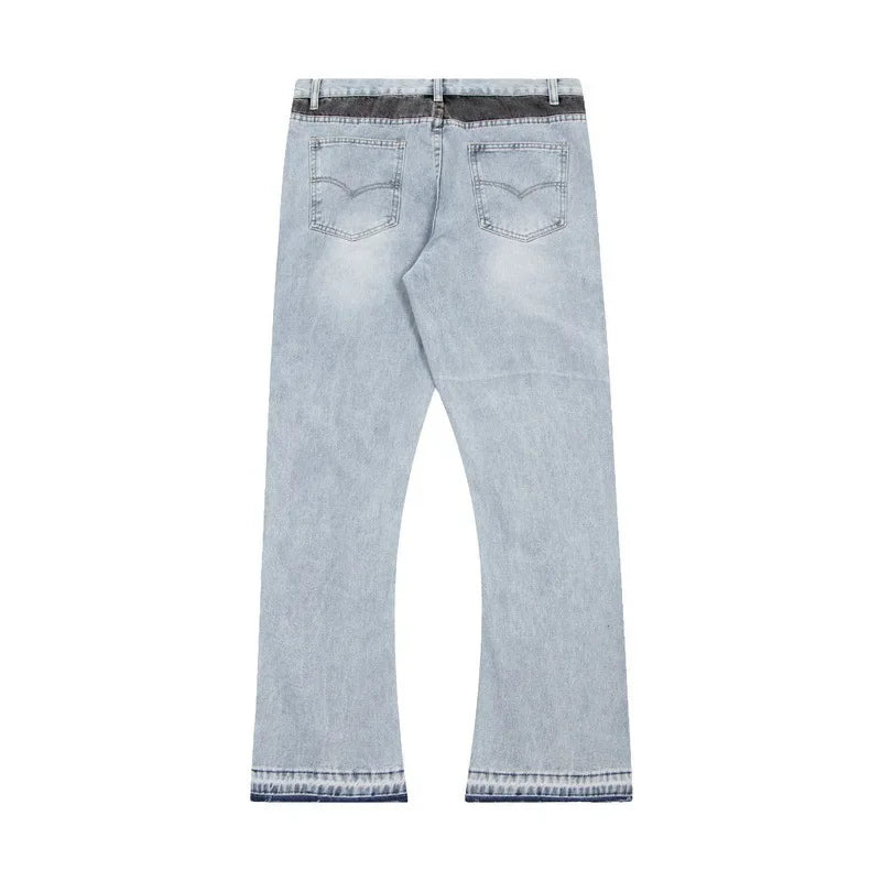 American retro washed letter spliced denim trousers high street trendy brand couple loose straight micro-flared long trousers