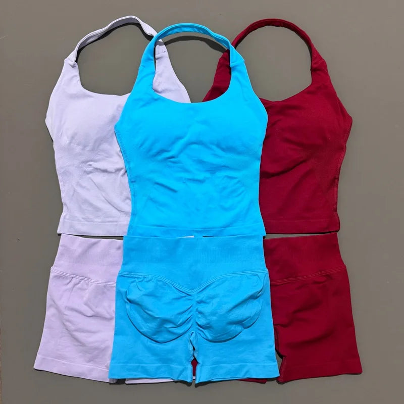 2 Peice Histello Sports Set Women Seamless Halter Top Longline Strappy Padded Scrunch Shorts Set Yoga Suit Gym Workout Sets