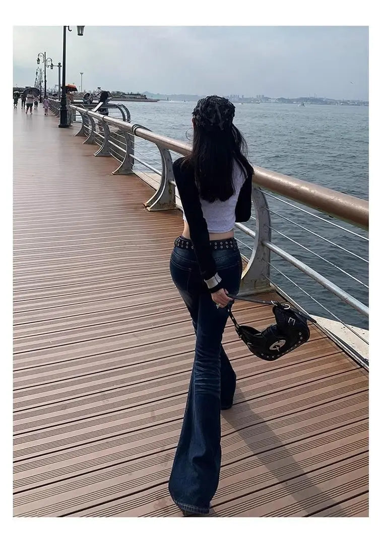 Y2K Slim Fit High Waist Casual Womens Jeans Retro Denim Pants Low Rise Flared Trousers Long Bootcut Drag Autumn for Women