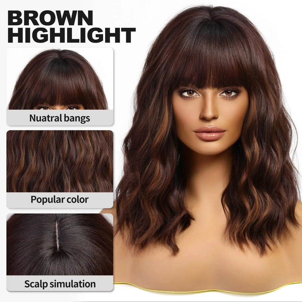 Short Brown Highlight Wigs With Bangs Natural Wavy Hair Wigs For White Women Heat Resistant Synthetic Bob Wig Shoulder Length