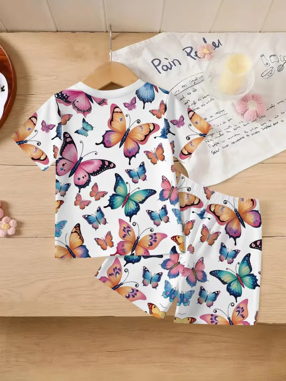 2-Piece Summer Children's Comfortable Cute Butterfly 3D Print Short Sleeve Shorts Set for Boys and Girls Casual Home Outdoor Set