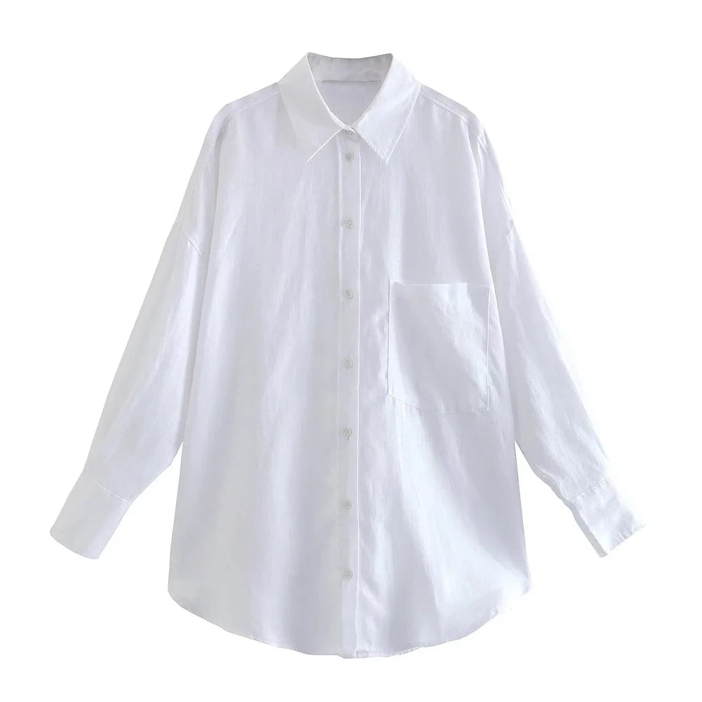 Women Fashion With Pocket Oversized Shirts Vintage Long Sleeve Button-up Female Blouses Blusas Chic Tops