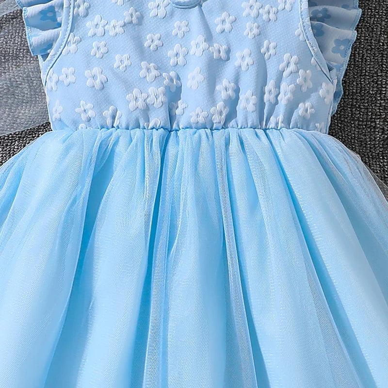 Kids Princess Dress For Girls O-Neck Wing-Sleeve Bowknot Floral Print Embroidery 4-7 Years Summer Sweet Birthday Party Clothing