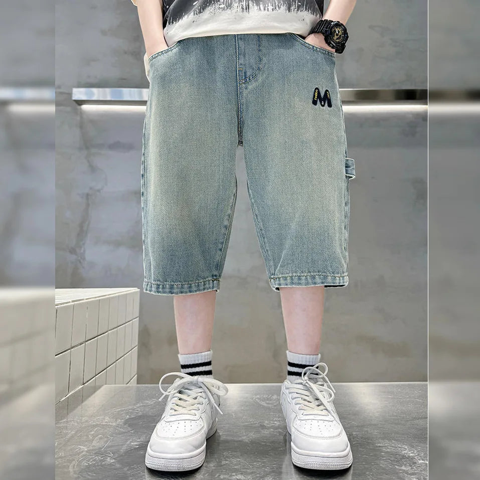 New Summer Teen Boys Shorts Jeans Fashion Letter M Embroidery Short Denim Pants For 4-14 Years Kids Children Trousers