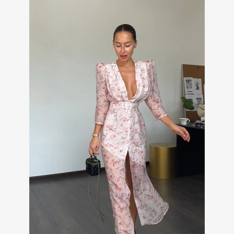 Fashion Organza Floral Printed Maxi Dress V-Neck Puff Sleeve 2026 Spring/Summer Romantic Women Party Gown Elegant Lady Vestido