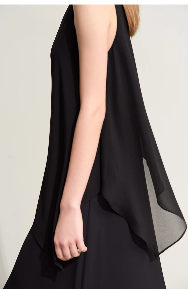 Amii Minimalism 2024 Women Dresses Summer New Vacation Style V-neck Spliced Chiffon Female Sleeveless Loose Dress 12452102