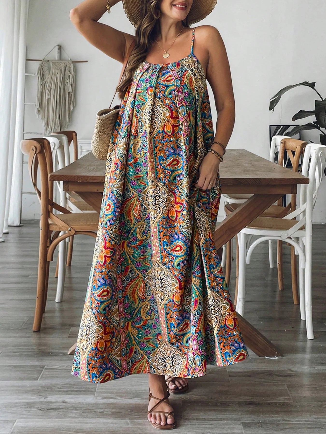 Plus Size Floral Paisley Maxi Dress Flowy Beachy Boho Vacation Gown Summer Dress
