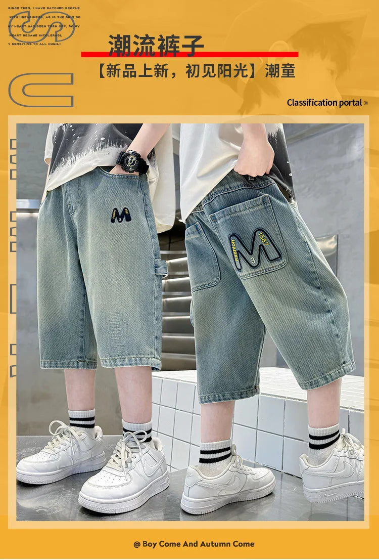 New Summer Teen Boys Shorts Jeans Fashion Letter M Embroidery Short Denim Pants For 4-14 Years Kids Children Trousers