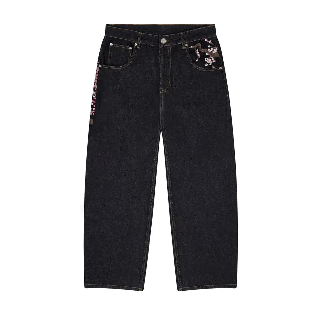 Vintage Cherry Blossom Black Knight Embroidery Jeans Y2k Retro Baggy Straight Denim Pants Blue Wash Jean Men Clothing Streetwear