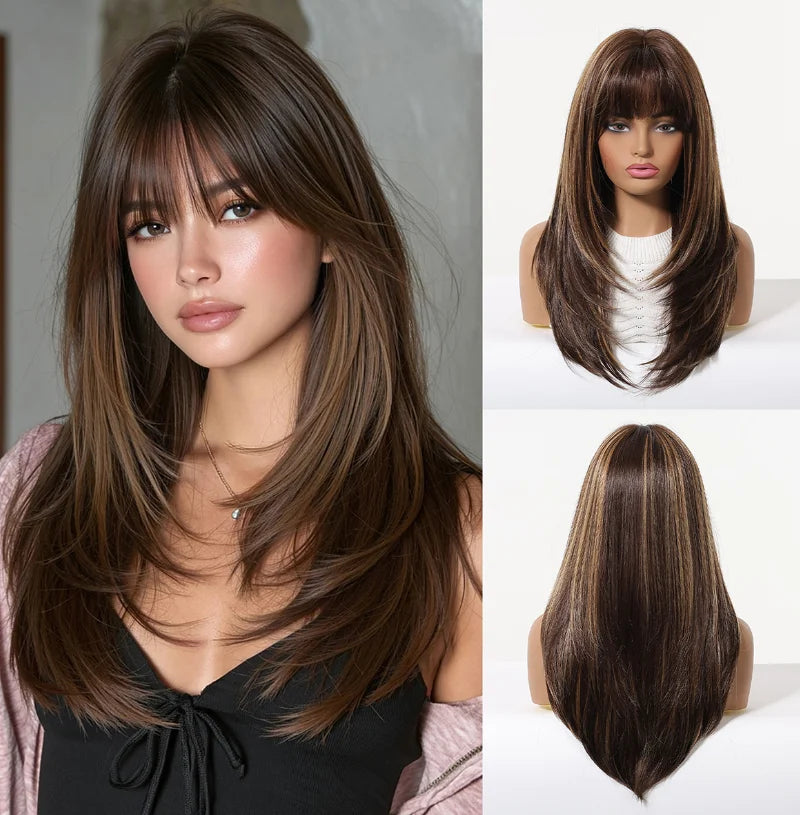 ALAN EATON Long Brown Highlight Synthetic Wigs Layered Straight Hair Wig Realistic Fake Hair for Daily Wear High Temperature Wig
