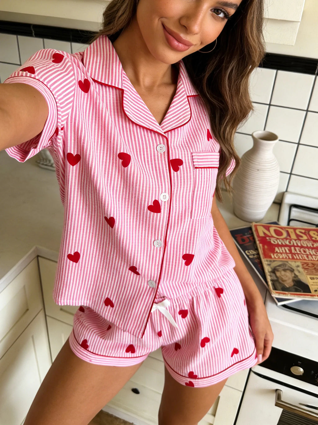 Women Pajamas Cardigan Lapel Short Sleeve Shorts Two Piece Set Loungewear Spring Summer Sweet Pink Stripe Red Heart Print Loose