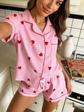 Women Pajamas Cardigan Lapel Short Sleeve Shorts Two Piece Set Loungewear Spring Summer Sweet Pink Stripe Red Heart Print Loose